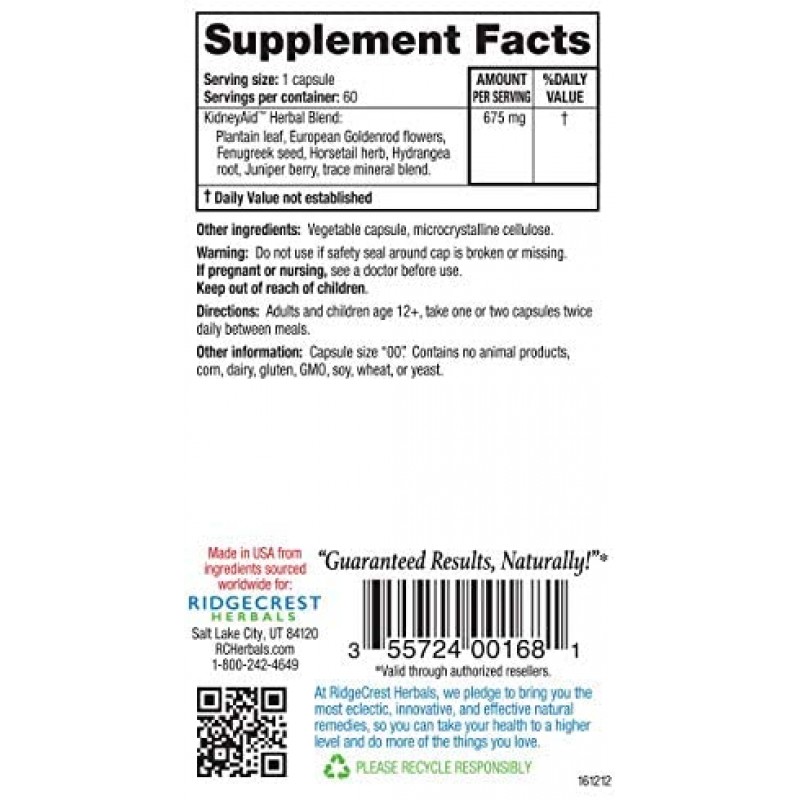 Ridgecrest KidneyAid, cápsulas de apoyo y limpieza a base de hierbas, 60 unidades