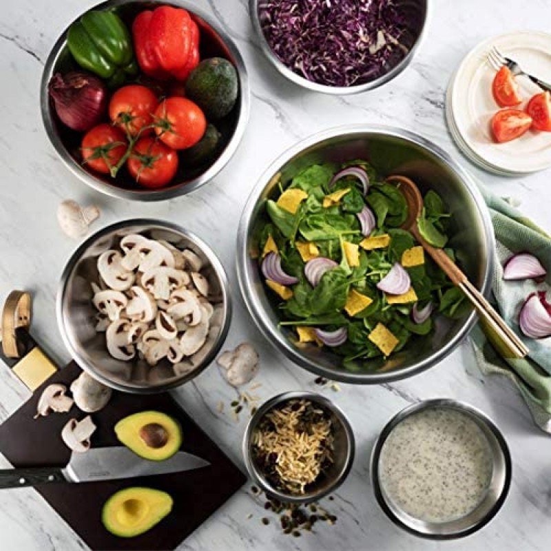 Tazones para mezclar de acero inoxidable (juego de 6) Juego de tazones para mezclar de acero inoxidable: fáciles de limpiar, tazones encajables para ahorrar espacio, ideales para cocinar, hornear y preparar