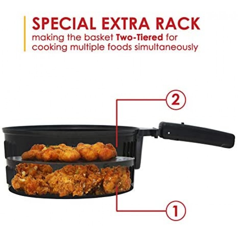 Elite Platinum EAF-2500D Freidora eléctrica digital de aire caliente de 3,5 cuartos de galón, 1400 vatios, cocina saludable sin aceite, ajustes de temperatura/temporizador, sin PFOA/PTFE, incluye 26 recetas a todo color, negro