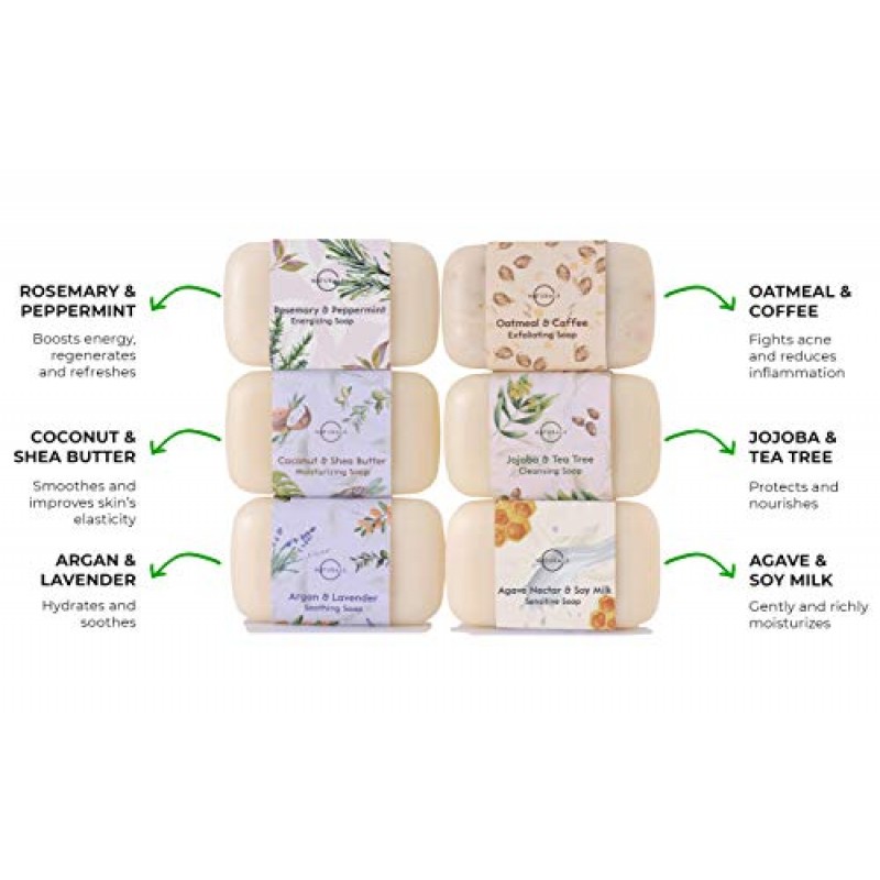 Colección de jabón en barra hidratante para el cuerpo, 6 piezas de O Naturals. Jabón de manos, jabón para el acné Ingredientes orgánicos 100% naturales y aceites esenciales terapéuticos. 