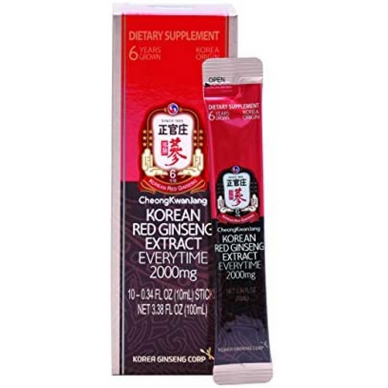 KGC Cheong Kwan Jang - Everytime 2000 miligramos - Extracto de ginseng rojo Panax coreano en barras portátiles para un apoyo inmunológico saludable y niveles de energía - 10 paquetes de barras