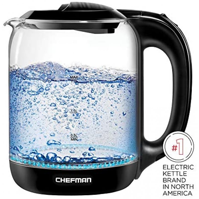 Hervidor Chefman No. 1 en caldera de agua caliente de calentamiento rápido de EE. UU., tetera con operación de un solo toque, hierve 7 tazas, se separa de la base giratoria para verter sin cable