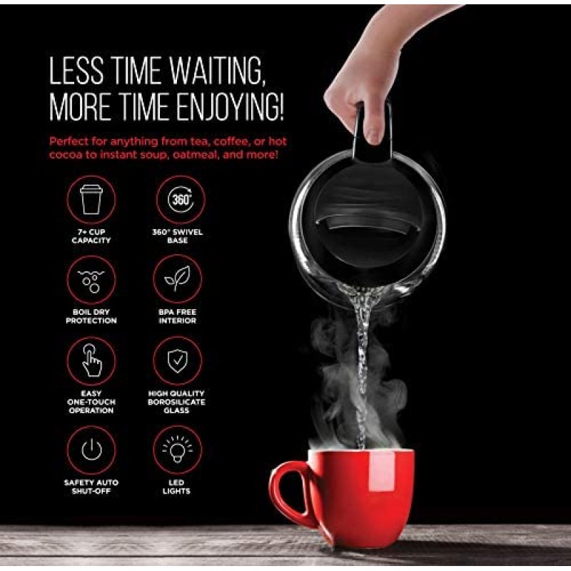 Hervidor Chefman No. 1 en caldera de agua caliente de calentamiento rápido de EE. UU., tetera con operación de un solo toque, hierve 7 tazas, se separa de la base giratoria para verter sin cable