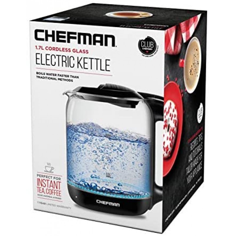 Hervidor Chefman No. 1 en caldera de agua caliente de calentamiento rápido de EE. UU., tetera con operación de un solo toque, hierve 7 tazas, se separa de la base giratoria para verter sin cable