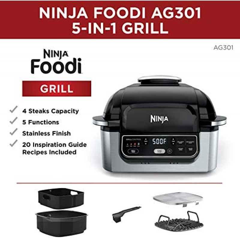Ninja Foodi AG301 Freidora de aire 5 en 1 para encimera eléctrica de interior, 4 cuartos de galón, tecnología para asar, hornear, deshidratar y parrilla ciclónica, 10" x 10", negro/plateado