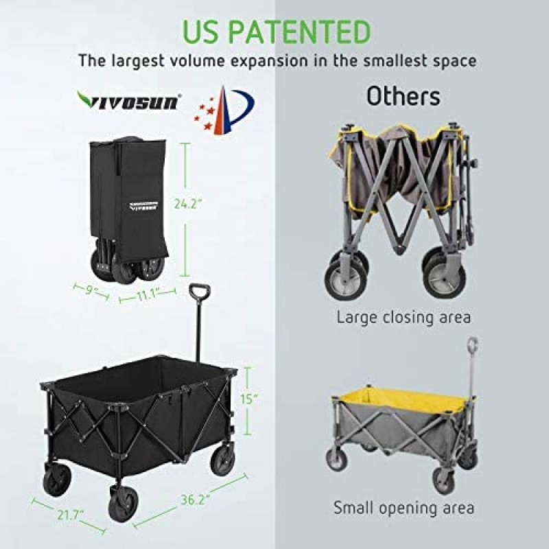 VIVOSUN Carro plegable resistente para acampar al aire libre, carrito de jardín con ruedas universales y mango ajustable, negro