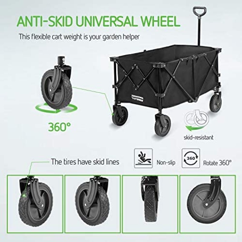 VIVOSUN Carro plegable resistente para acampar al aire libre, carrito de jardín con ruedas universales y mango ajustable, negro