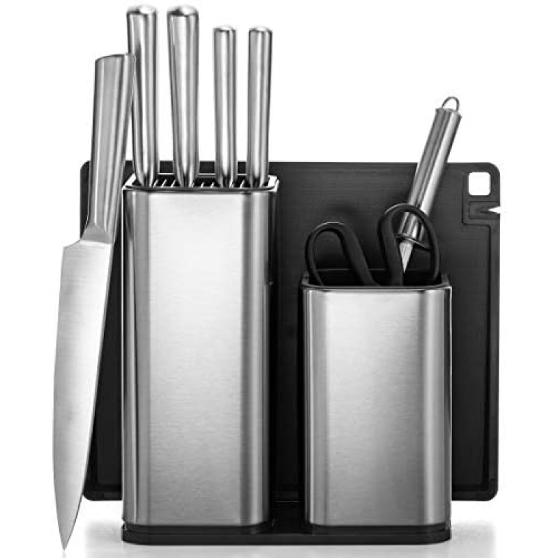 Juego de cuchillos de cocina de acero inoxidable de 10 piezas - Juego de cuchillos de cocina recientemente innovador con soporte para utensilios - 5 cuchillos de acero inoxidable - Afilador de cuchillos