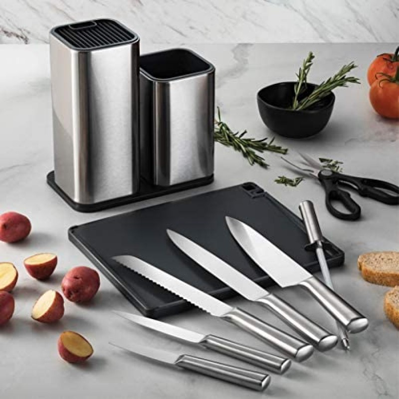 Juego de cuchillos de cocina de acero inoxidable de 10 piezas - Juego de cuchillos de cocina recientemente innovador con soporte para utensilios - 5 cuchillos de acero inoxidable - Afilador de cuchillos