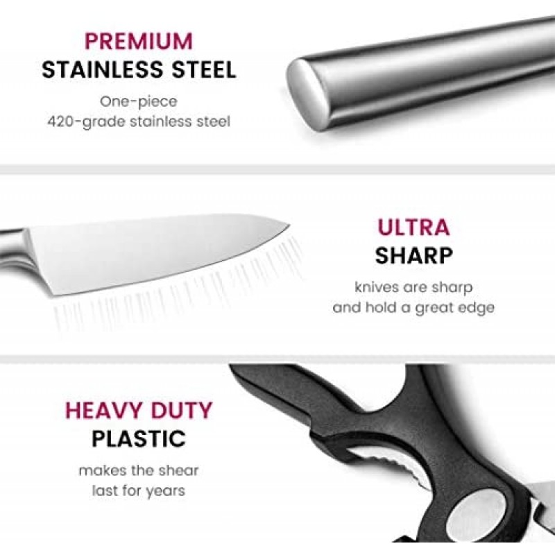 Juego de cuchillos de cocina de acero inoxidable de 10 piezas - Juego de cuchillos de cocina recientemente innovador con soporte para utensilios - 5 cuchillos de acero inoxidable - Afilador de cuchillos