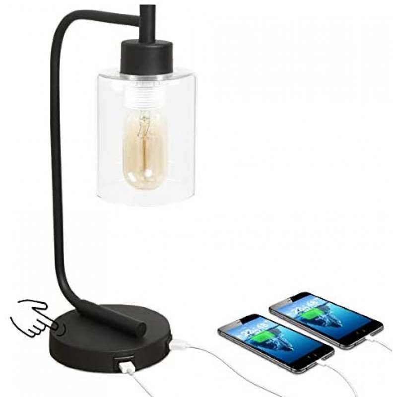 Innqoo Lámpara de mesa con control táctil, lámpara de mesa industrial regulable de 3 vías con puertos de carga USB, lámpara de mesita de noche moderna, lámpara de noche de metal para sala de estar, dormitorio (bombilla vintage T45 incluida)