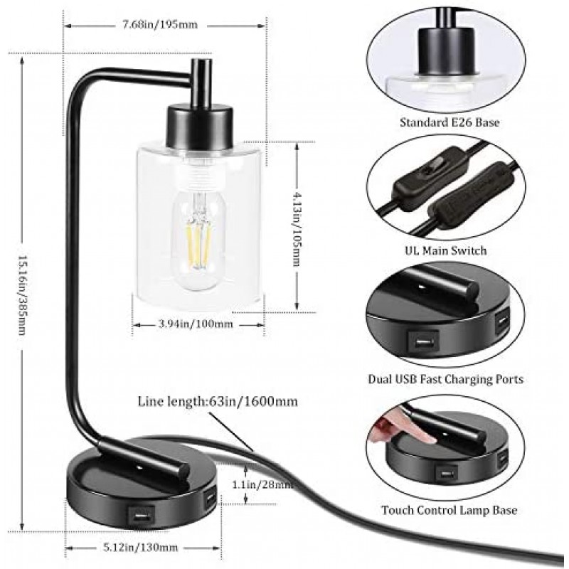 Innqoo Lámpara de mesa con control táctil, lámpara de mesa industrial regulable de 3 vías con puertos de carga USB, lámpara de mesita de noche moderna, lámpara de noche de metal para sala de estar, dormitorio (bombilla vintage T45 incluida)
