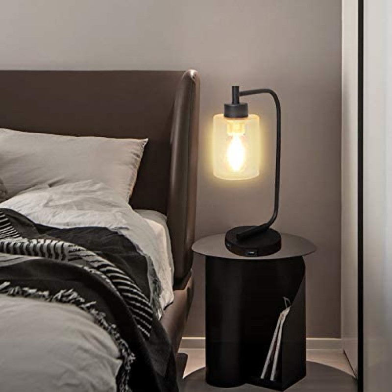 Innqoo Lámpara de mesa con control táctil, lámpara de mesa industrial regulable de 3 vías con puertos de carga USB, lámpara de mesita de noche moderna, lámpara de noche de metal para sala de estar, dormitorio (bombilla vintage T45 incluida)