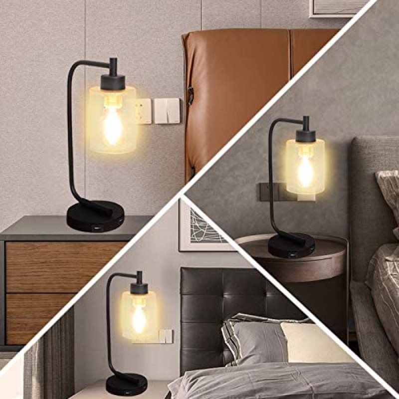Innqoo Lámpara de mesa con control táctil, lámpara de mesa industrial regulable de 3 vías con puertos de carga USB, lámpara de mesita de noche moderna, lámpara de noche de metal para sala de estar, dormitorio (bombilla vintage T45 incluida)