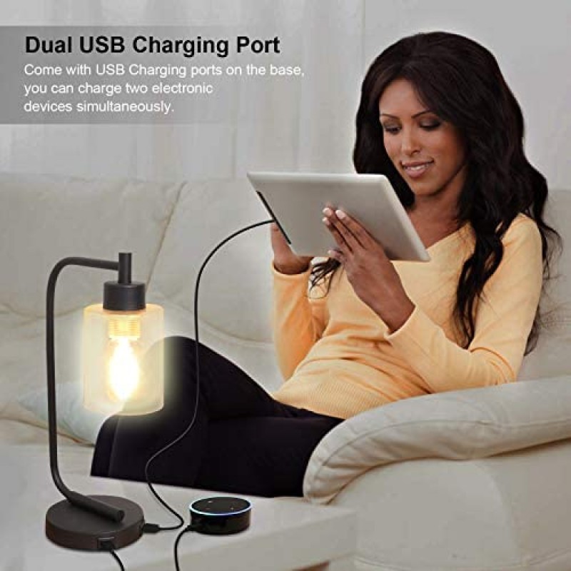 Innqoo Lámpara de mesa con control táctil, lámpara de mesa industrial regulable de 3 vías con puertos de carga USB, lámpara de mesita de noche moderna, lámpara de noche de metal para sala de estar, dormitorio (bombilla vintage T45 incluida)