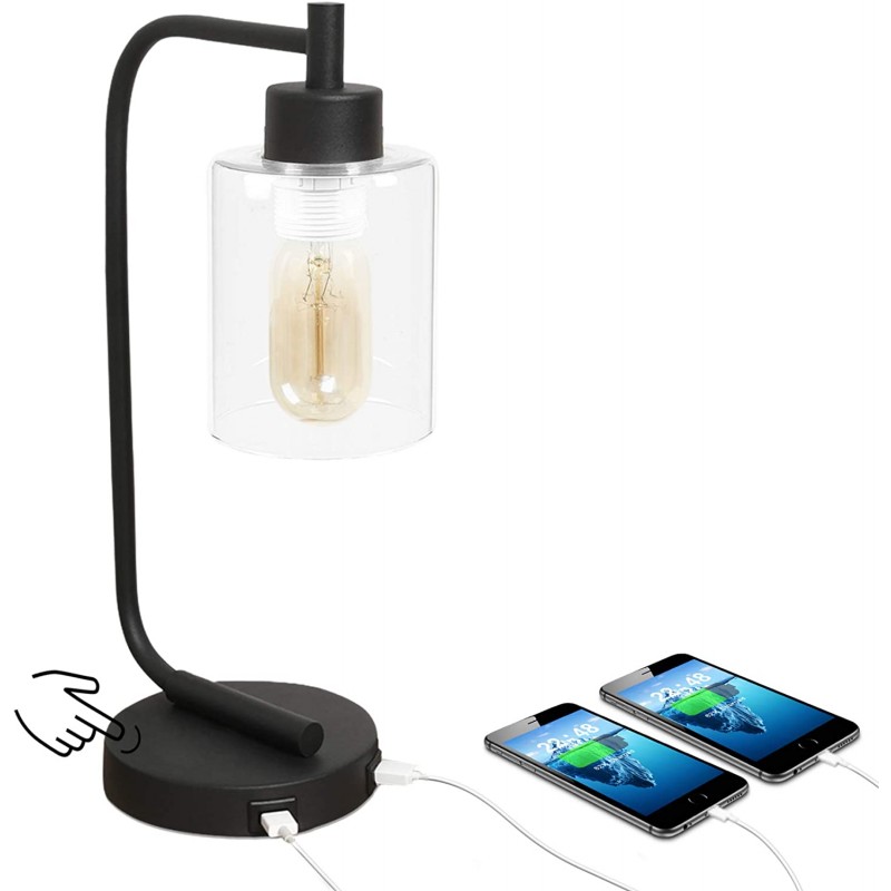 Innqoo Lámpara de mesa con control táctil, lámpara de mesa industrial regulable de 3 vías con puertos de carga USB, lámpara de mesita de noche moderna, lámpara de noche de metal para sala de estar, dormitorio (bombilla vintage T45 incluida)