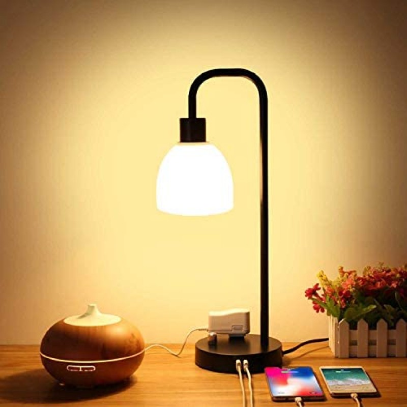 Zermurd Lámpara de mesa industrial, lámpara de noche moderna regulable continua con dos puertos USB y salida de CA Pantalla de vidrio opalino Lámpara de mesita de noche vintage negra para dormitorio, sala de estar, oficina, bombilla de 7 W incluida