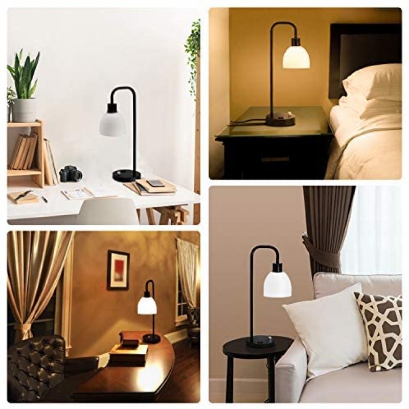 Zermurd Lámpara de mesa industrial, lámpara de noche moderna regulable continua con dos puertos USB y salida de CA Pantalla de vidrio opalino Lámpara de mesita de noche vintage negra para dormitorio, sala de estar, oficina, bombilla de 7 W incluida