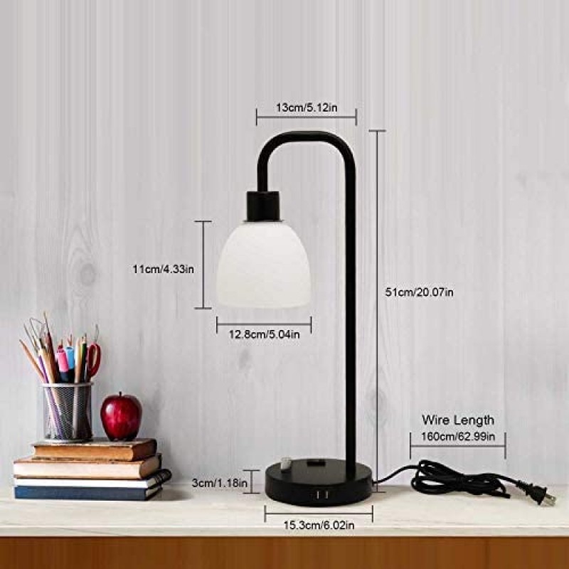 Zermurd Lámpara de mesa industrial, lámpara de noche moderna regulable continua con dos puertos USB y salida de CA Pantalla de vidrio opalino Lámpara de mesita de noche vintage negra para dormitorio, sala de estar, oficina, bombilla de 7 W incluida