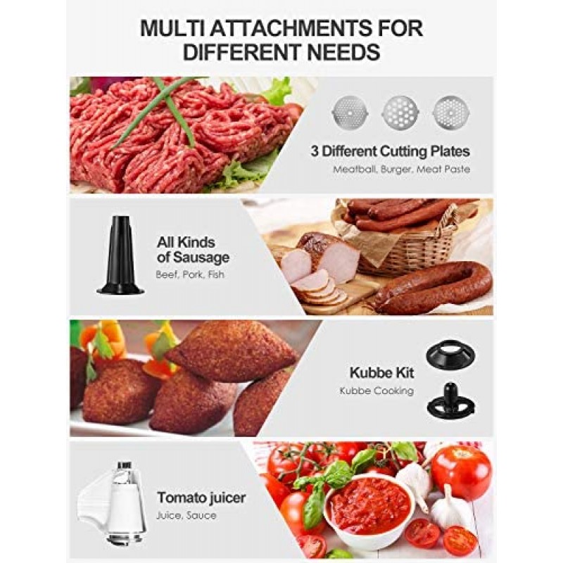 Picadora de carne eléctrica, 2500W Max Potente AICOK MG2950R Picadora de carne 5 en 1 con embutidora de salchichas, cortadora de verduras, exprimidor de tomate, kits Kubbe, 3 platos de molienda, 3 velocidades, 10 libras/min
