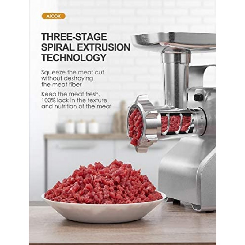 Picadora de carne eléctrica, 2500W Max Potente AICOK MG2950R Picadora de carne 5 en 1 con embutidora de salchichas, cortadora de verduras, exprimidor de tomate, kits Kubbe, 3 platos de molienda, 3 velocidades, 10 libras/min