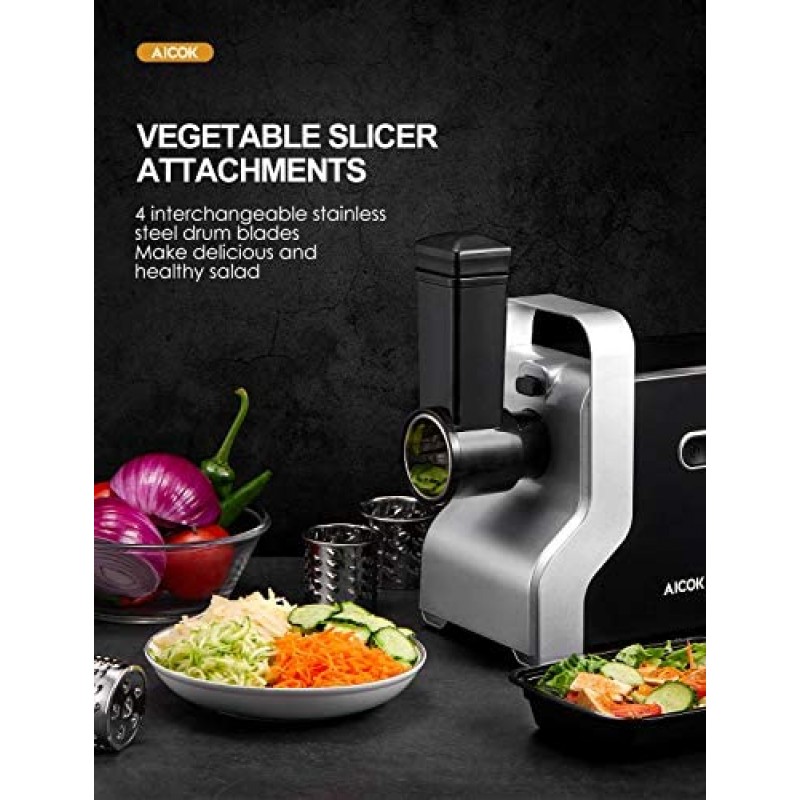 Picadora de carne eléctrica, 2500W Max Potente AICOK MG2950R Picadora de carne 5 en 1 con embutidora de salchichas, cortadora de verduras, exprimidor de tomate, kits Kubbe, 3 platos de molienda, 3 velocidades, 10 libras/min