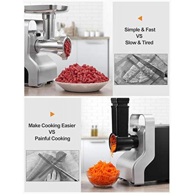 Picadora de carne eléctrica, 2500W Max Potente AICOK MG2950R Picadora de carne 5 en 1 con embutidora de salchichas, cortadora de verduras, exprimidor de tomate, kits Kubbe, 3 platos de molienda, 3 velocidades, 10 libras/min