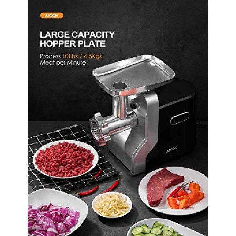 Picadora de carne eléctrica, 2500W Max Potente AICOK MG2950R Picadora de carne 5 en 1 con embutidora de salchichas, cortadora de verduras, exprimidor de tomate, kits Kubbe, 3 platos de molienda, 3 velocidades, 10 libras/min