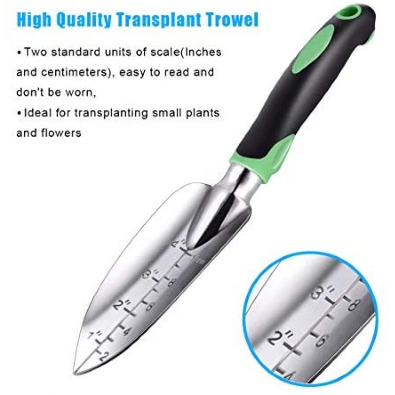 ZUZUAN Juego de herramientas de jardín, paquete de 3 palas de mano de jardín, paletas de jardín de aleación de aluminio con agarre ergonómico antideslizante de goma, paleta incluida, paleta de trasplante y rastrillo de mano cultivador