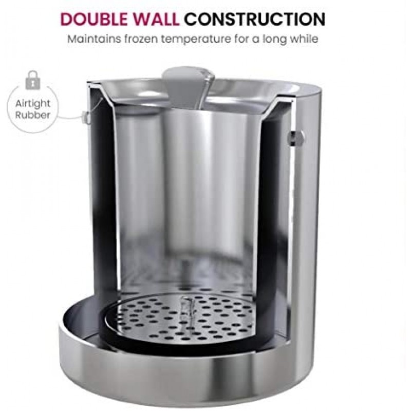 Cubitera aislada de acero inoxidable de doble pared con tapa y pinza para hielo [3 litros] El colador incluido mantiene el hielo frío y seco, cómoda asa de transporte, ideal para bar en casa, enfriar cerveza, champán y vino
