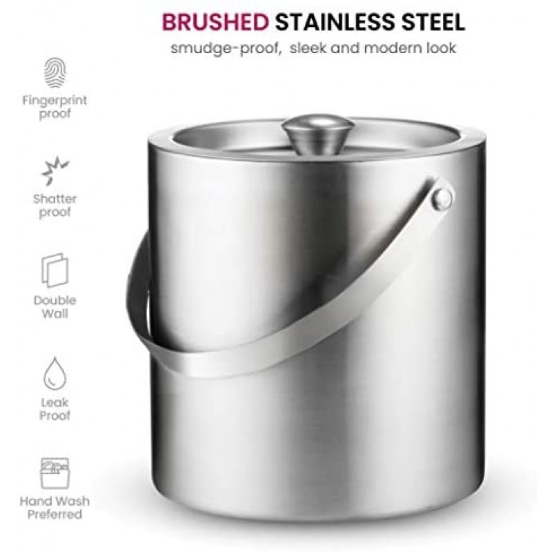 Cubitera aislada de acero inoxidable de doble pared con tapa y pinza para hielo [3 litros] El colador incluido mantiene el hielo frío y seco, cómoda asa de transporte, ideal para bar en casa, enfriar cerveza, champán y vino