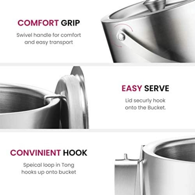 Cubitera aislada de acero inoxidable de doble pared con tapa y pinza para hielo [3 litros] El colador incluido mantiene el hielo frío y seco, cómoda asa de transporte, ideal para bar en casa, enfriar cerveza, champán y vino