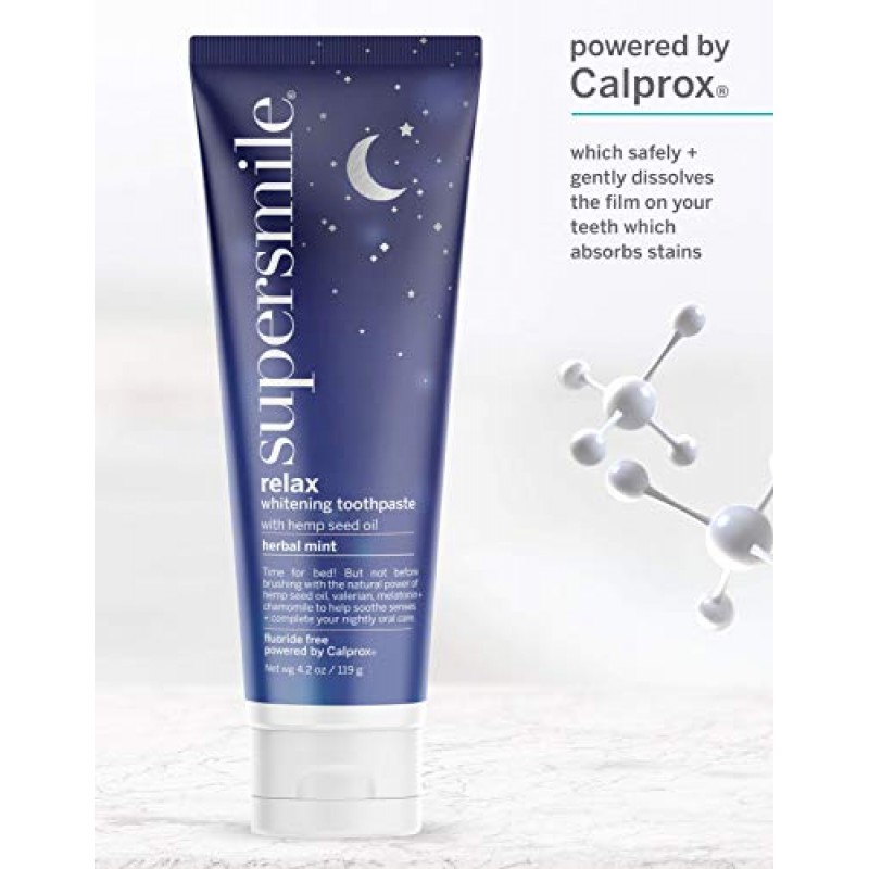 Supersmile Supersmile Relax Pasta de dientes blanqueadora con cáñamo, melatonina y manzanilla - Relájese mientras se cepilla - Clínicamente probado para blanquear los dientes hasta 6 tonos (menta herbaria, 4.2 oz), 4.2 oz.