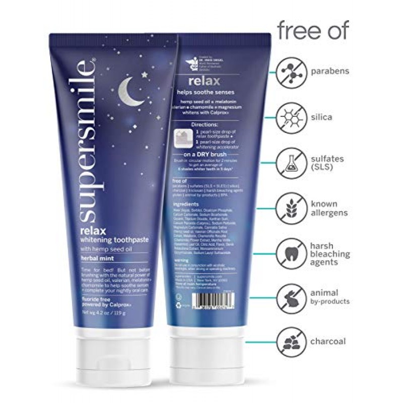 Supersmile Supersmile Relax Pasta de dientes blanqueadora con cáñamo, melatonina y manzanilla - Relájese mientras se cepilla - Clínicamente probado para blanquear los dientes hasta 6 tonos (menta herbaria, 4.2 oz), 4.2 oz.
