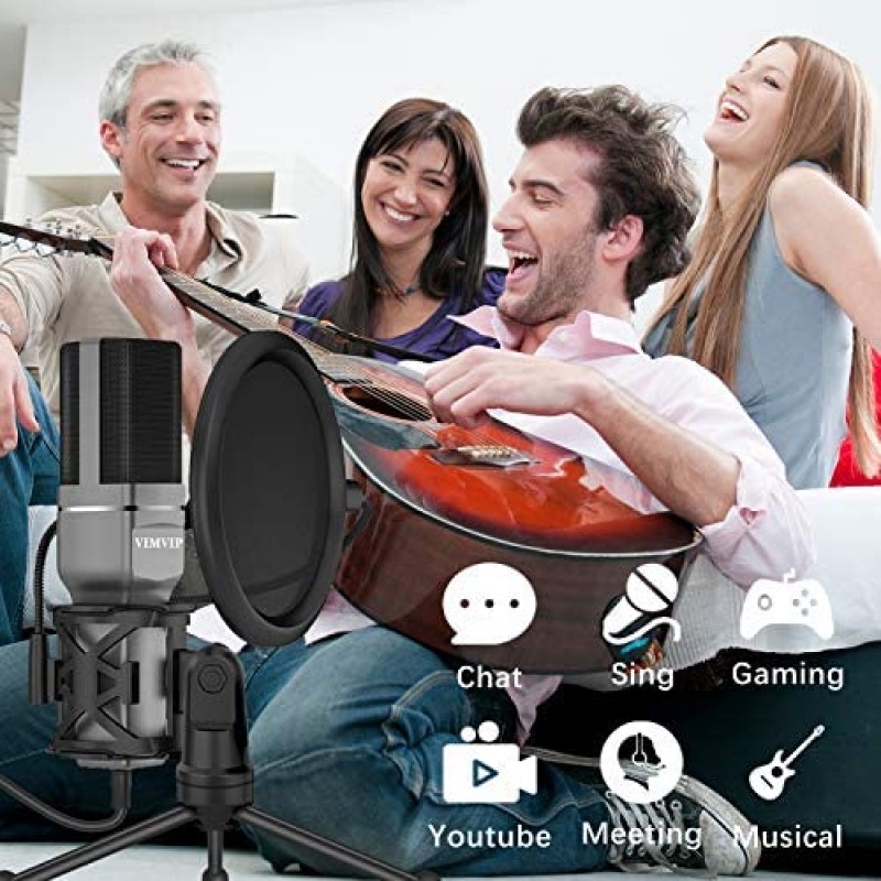 VIMVIP Micrófono de Condensador USB para Computadora, Micrófono USB para PC, Soporte para Micrófono y Filtro POP para Juegos, Streaming, Podcasting, Grabación