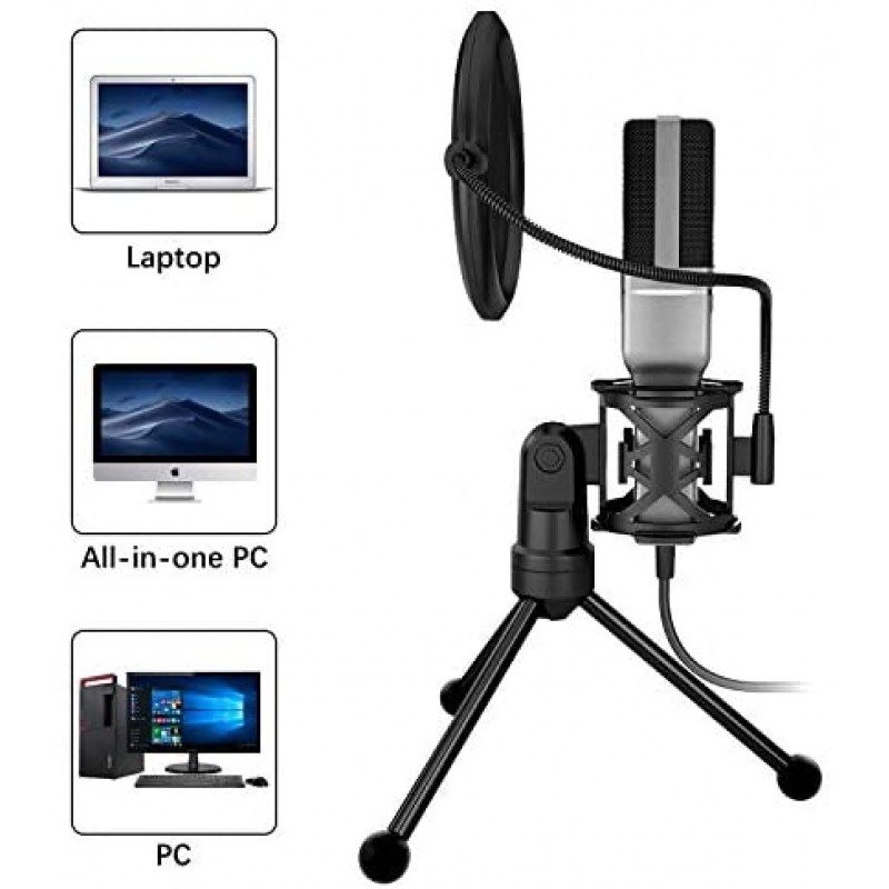 VIMVIP Micrófono de Condensador USB para Computadora, Micrófono USB para PC, Soporte para Micrófono y Filtro POP para Juegos, Streaming, Podcasting, Grabación