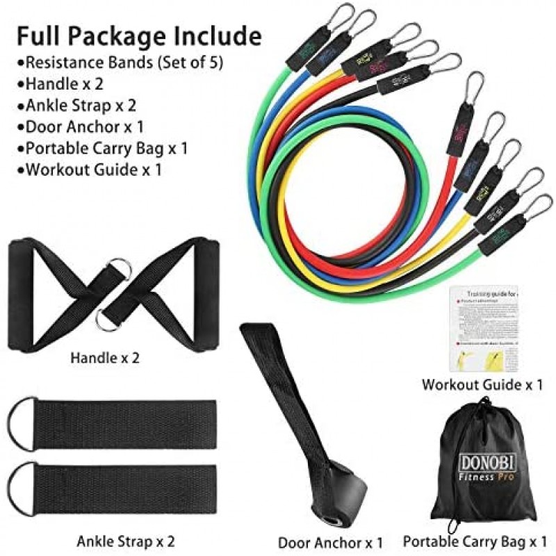 Donobi Juego de bandas de resistencia, bandas de entrenamiento para hombres y mujeres, cuerda de tensión de látex natural, bandas de ejercicio de entrenamiento de resistencia, yoga-pilates, oficina, gimnasio en casa, equipo de fitness
