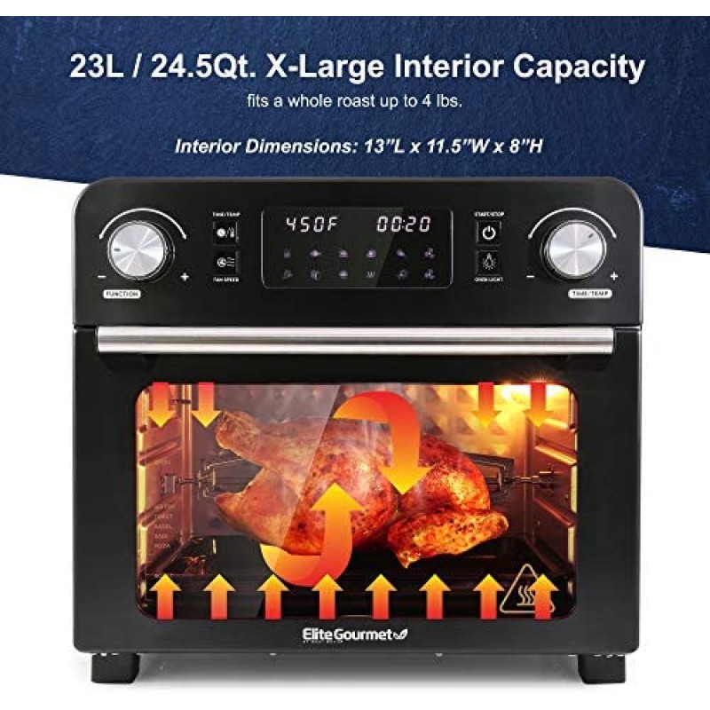 Elite Gourmet Maxi-Matic EAF1010D Freidora programable de 10 L, horno de convección para encimera, controles de temperatura + temporizador, hornear, tostar, asar, freír al aire, 10,5 cuartos, acero inoxidable