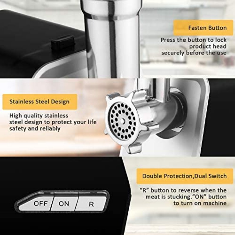 Picadora de carne eléctrica, cortadora de carne y embutidora de salchichas de acero inoxidable de 2000 W máximo con 3 placas de molienda, kit de salchichas y kubbe para cocina casera de alta resistencia, negro