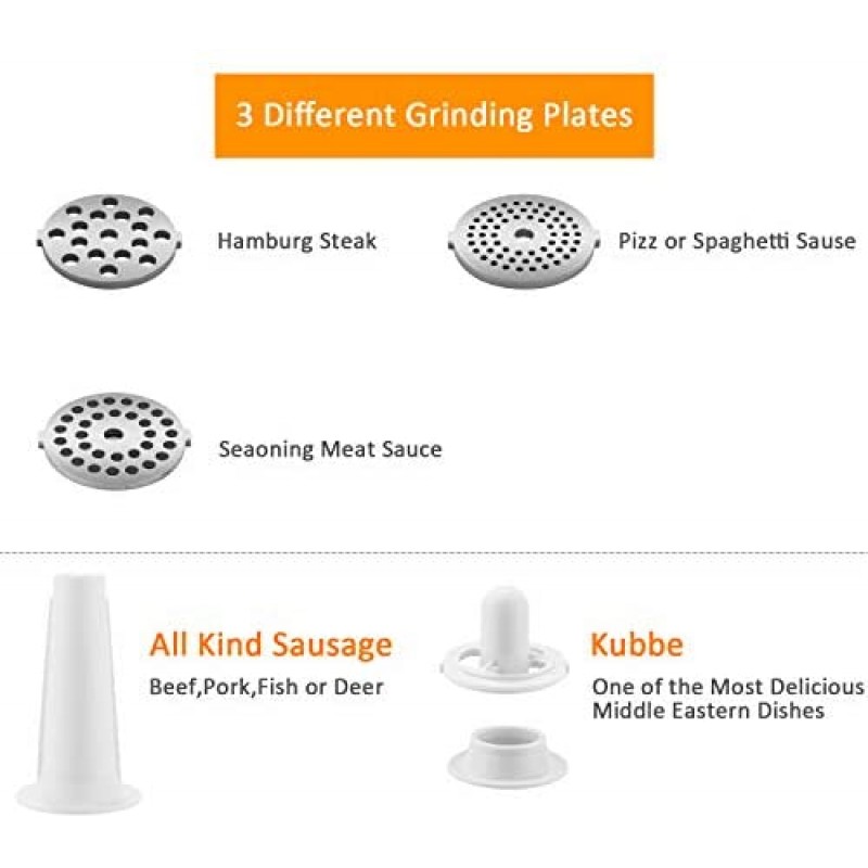 Picadora de carne eléctrica, cortadora de carne y embutidora de salchichas de acero inoxidable de 2000 W máximo con 3 placas de molienda, kit de salchichas y kubbe para cocina casera de alta resistencia, negro