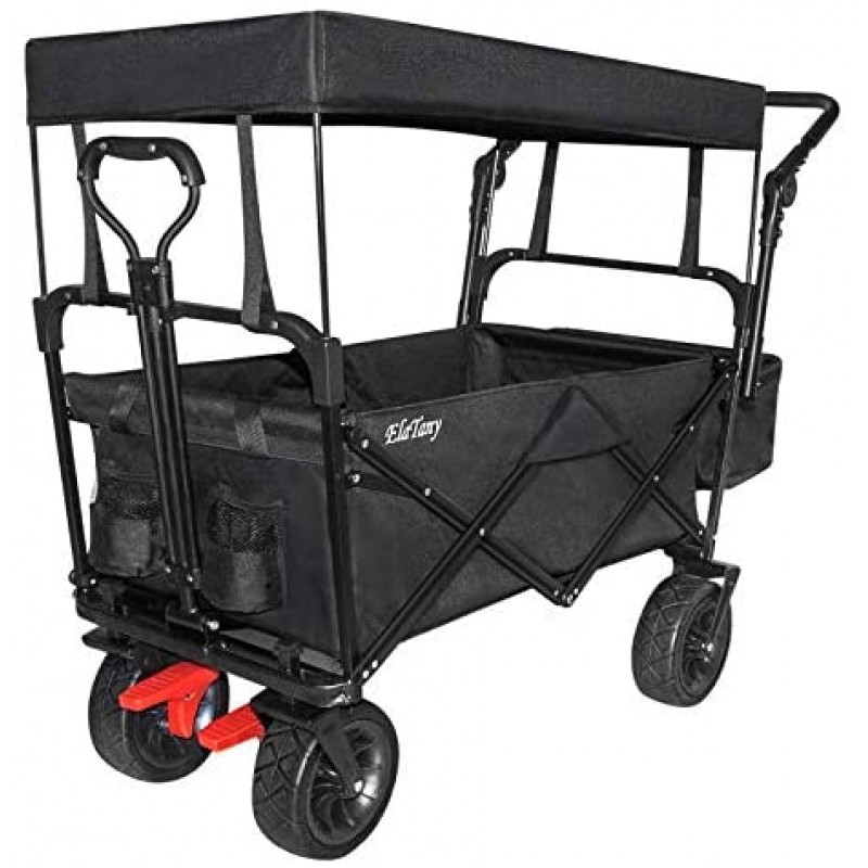 Elatany Carro utilitario plegable para exteriores, resistente, plegable, con freno, ruedas grandes y toldo para comestibles, playa, negro, capacidad de carga de 176 libras