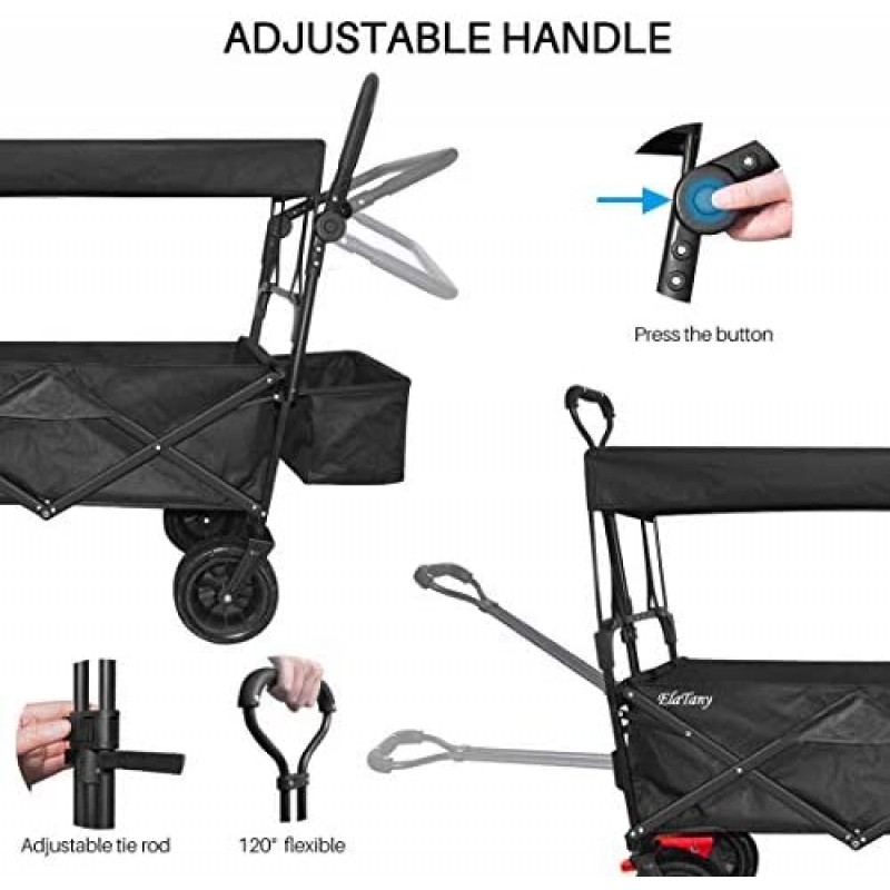 Elatany Carro utilitario plegable para exteriores, resistente, plegable, con freno, ruedas grandes y toldo para comestibles, playa, negro, capacidad de carga de 176 libras