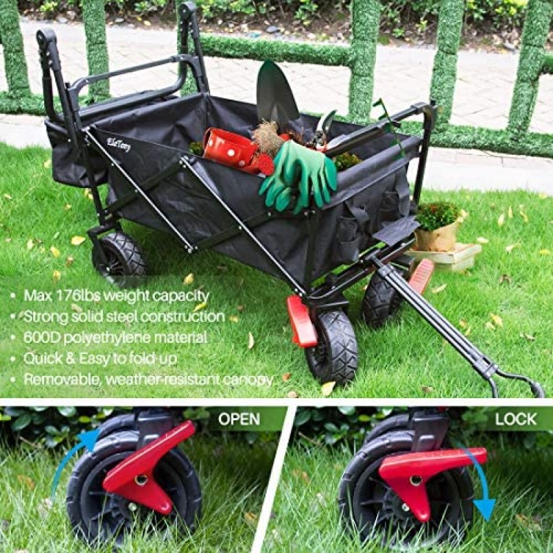 Elatany Carro utilitario plegable para exteriores, resistente, plegable, con freno, ruedas grandes y toldo para comestibles, playa, negro, capacidad de carga de 176 libras