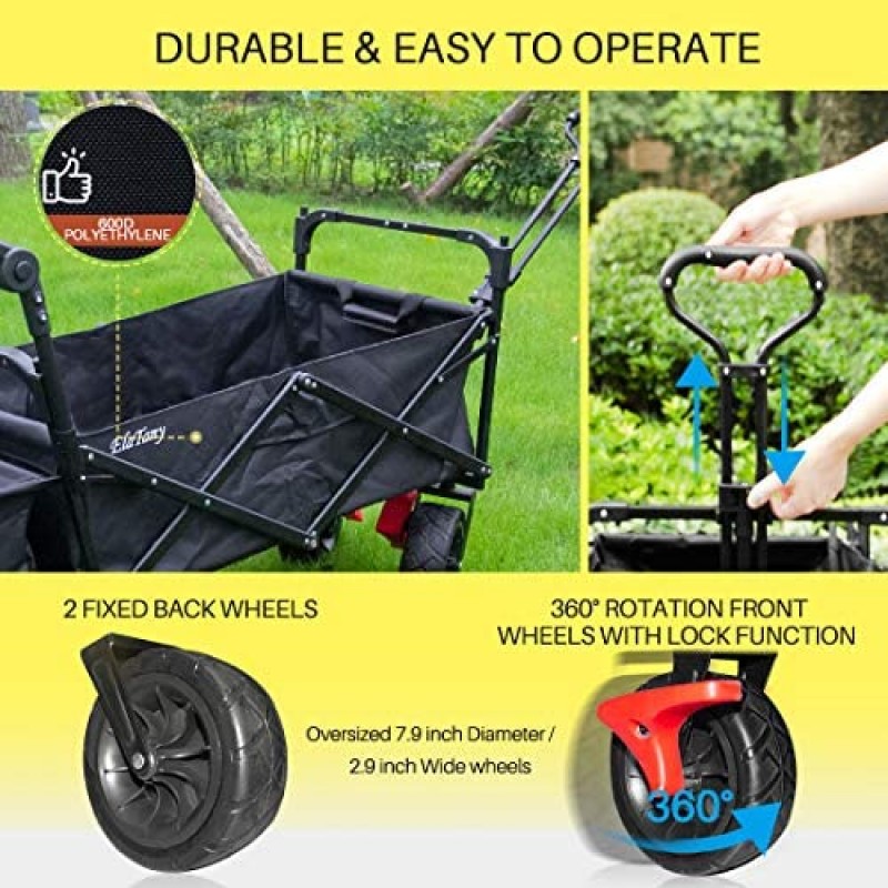 Elatany Carro utilitario plegable para exteriores, resistente, plegable, con freno, ruedas grandes y toldo para comestibles, playa, negro, capacidad de carga de 176 libras
