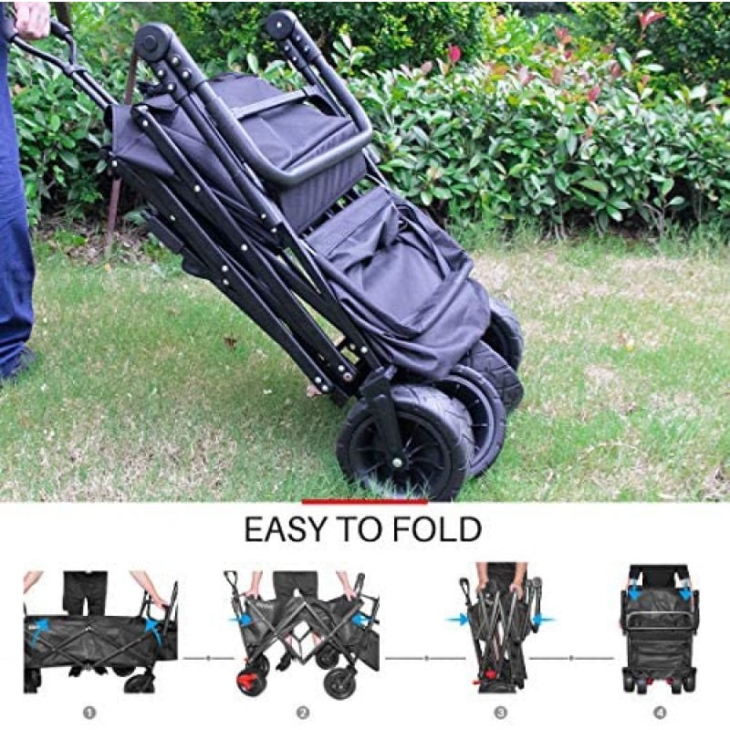 Elatany Carro utilitario plegable para exteriores, resistente, plegable, con freno, ruedas grandes y toldo para comestibles, playa, negro, capacidad de carga de 176 libras