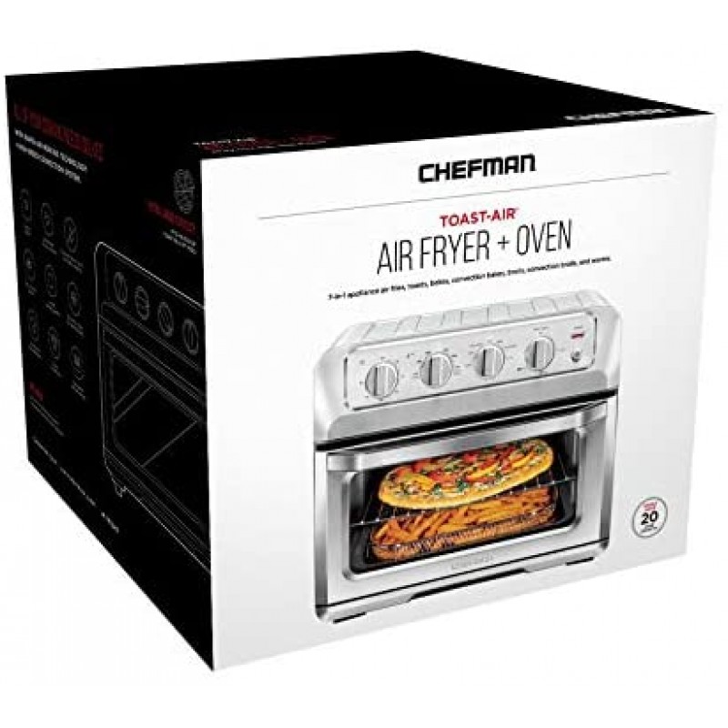 Chefman Horno tostador y freidora de aire de 20 litros, combo 7 en 1 con horneado y asado por convección, apagado automático, temporizador de 60 minutos, freír sin aceite, interior antiadherente, accesorios y libro de cocina incluidos, acero inoxidable