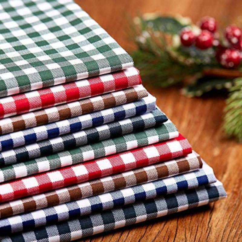 10 Piezas de Tela de Algodón a Cuadros de Búfalo Navideño de 20 x 20 Pulgadas, 5 Colores, Tela de Acolchado con Impresión Navideña, Cuadrados, Tela de Patchwork de Costura a Cuadros en Blanco y Negro, Tela Navideña DIY para Suministros de Manualidades