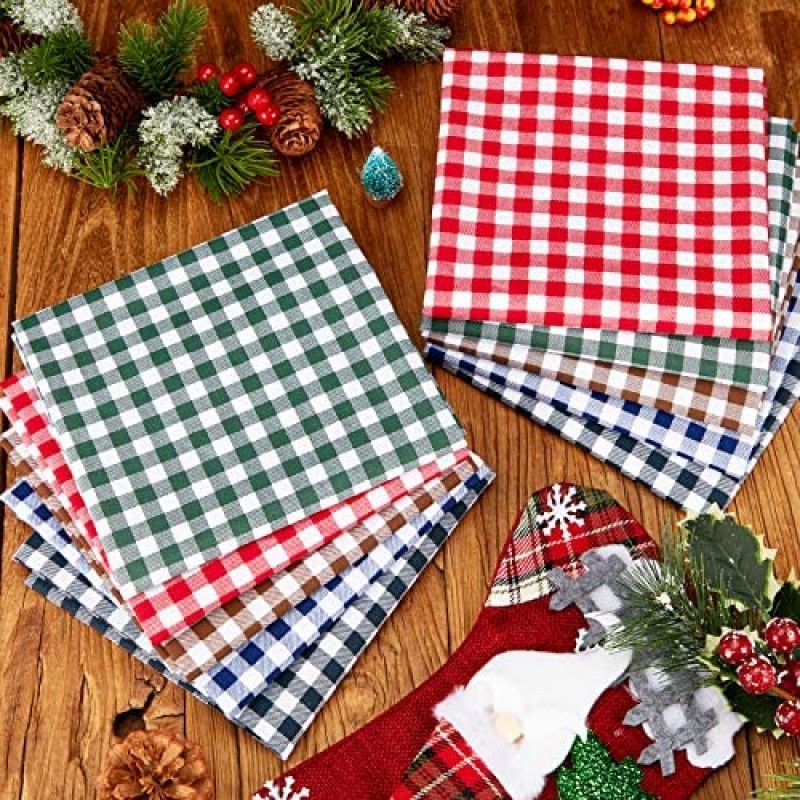 10 Piezas de Tela de Algodón a Cuadros de Búfalo Navideño de 20 x 20 Pulgadas, 5 Colores, Tela de Acolchado con Impresión Navideña, Cuadrados, Tela de Patchwork de Costura a Cuadros en Blanco y Negro, Tela Navideña DIY para Suministros de Manualidades