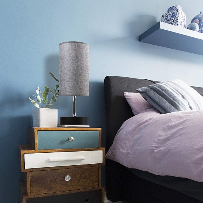 Focondot Lámpara de mesa, mesita de noche con dos puertos de carga USB y salida de CA, juego de 2 lámparas USB con pantalla cilíndrica gris, elegante lámpara de escritorio para dormitorio, sala de estar, oficina (gris)