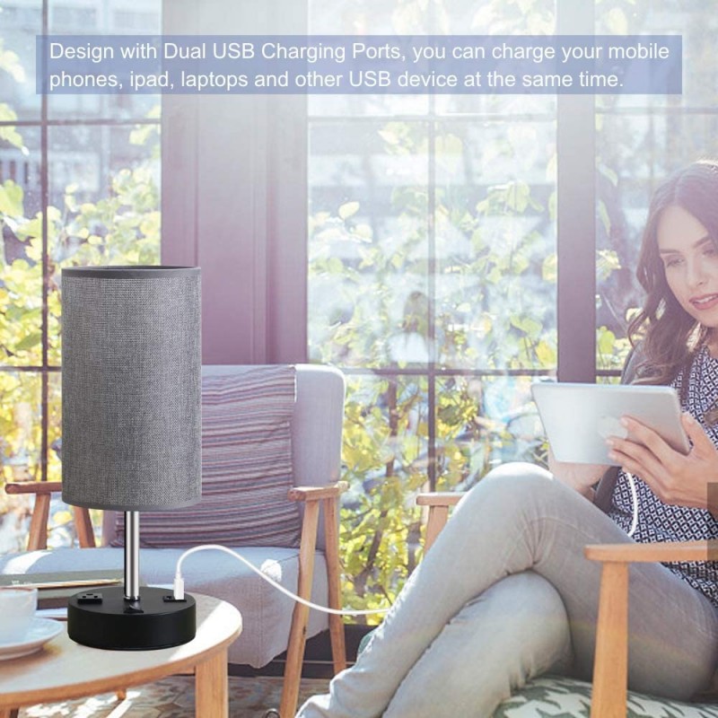 Focondot Lámpara de mesa, mesita de noche con dos puertos de carga USB y salida de CA, juego de 2 lámparas USB con pantalla cilíndrica gris, elegante lámpara de escritorio para dormitorio, sala de estar, oficina (gris)